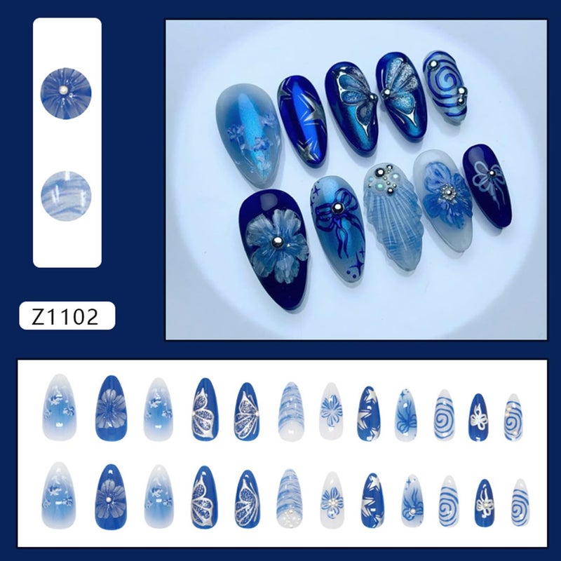 CJDLTS Flower Press on Nails Medium Almond Shaped Blue Artificial Acrylic Nails Gradient 3D Floral Butterfly with Bow Pearl Stick on Nails Full Cover Glue on Nail Artificial Fingernails for Women Manicure - Image 3